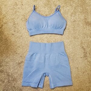 Light Blue Seamless Gym Set | High Waist Biker Shorts & Sports Bra | M Amazon